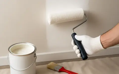 Main blanche avec rouleau et pot de peinture. Des traces de peinture murale apparaissent sur le mur.
