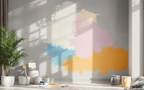 Peinture sur mur ciment intérieur avec des éclaboussures de couleurs vives. Des pots de peinture et des pinceaux sont disposés au sol, prêts pour un projet créatif.