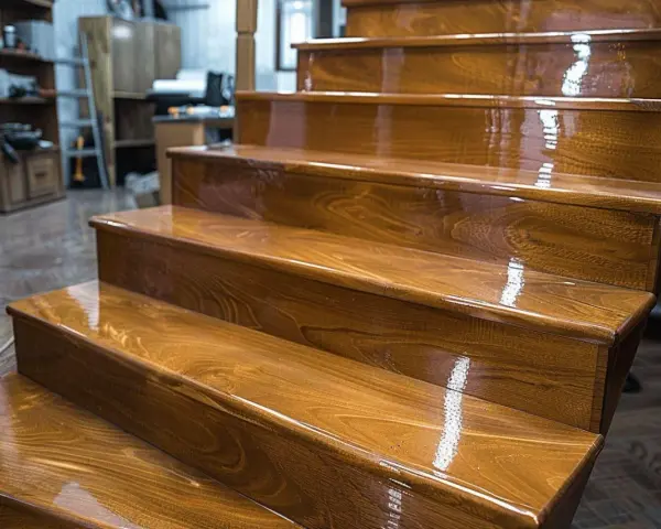 Escalier en bois au fini brillant, reflétant la lumière. La vitrification de l'escalier lui donne un aspect lustré et protecteur.