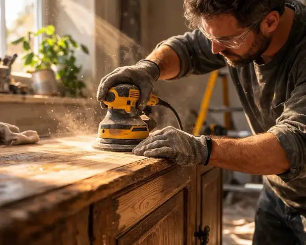 Un artisan utilise une ponceuse pour décaper un meuble en bois, soulevant un nuage de poussière.