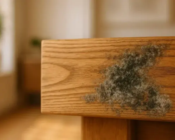 Moisissure sur un meuble en bois. Apprenez à fabriquer un fongicide naturel pour bois afin de protéger vos meubles.