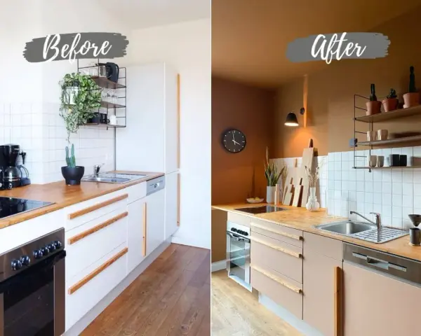 Avant/après : cuisine modernisée. Les meubles de cuisine blancs ont été repeints en taupe, transformant l'espace.