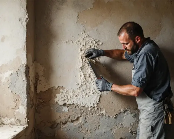 Un homme enlève un crépi intérieur abîmé avec une spatule. Il porte des gants et une salopette.