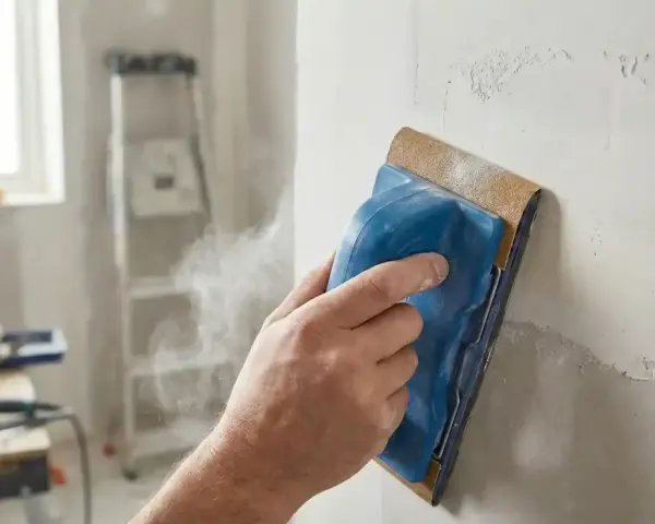 Main d'un artisan ponçant un mur en placo avec un grain adapté pour un fini lisse. La poussière s'envole.