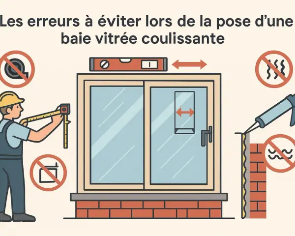 Un ouvrier mesure la hauteur d'ouverture d'une porte coulissante. Des symboles indiquent des erreurs à éviter lors de la pose.