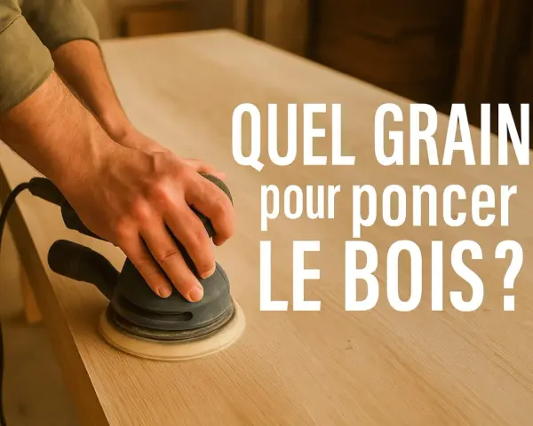 Main ponceuse orbitale sur une table en bois. La question "Quel grain pour poncer le bois ?" s'affiche en blanc.