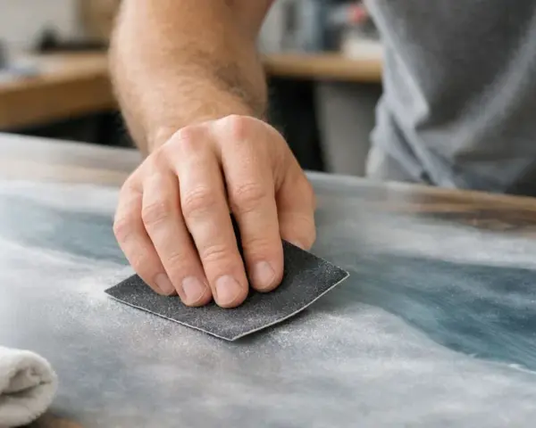 Main d'artisan ponçant une surface pour peindre sur du vernis. La poussière fine indique le travail de préparation.