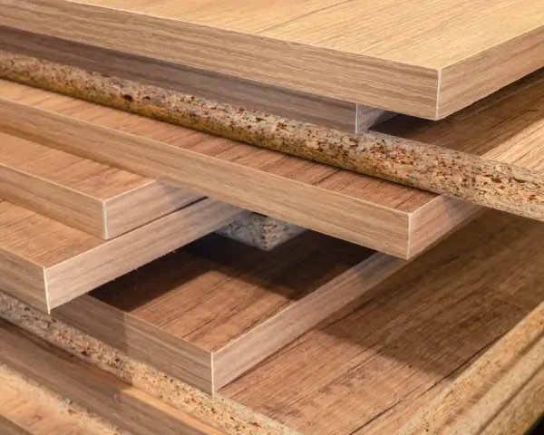 Pile de panneaux de bois, certains avec un placage imitant le bois, d'autres montrant leur cœur granuleux. Les inconvénients du bois MDF incluent sa sensibilité à l'humidité.