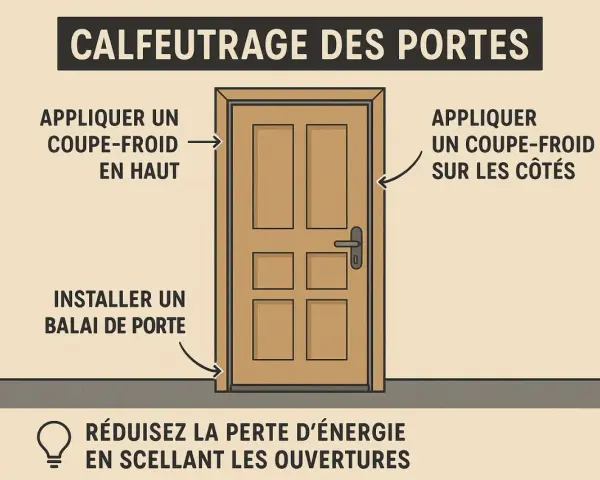 Illustration montrant comment isoler une porte : appliquer un coupe-froid en haut et sur les côtés, installer un balai de porte pour réduire la perte d'énergie.