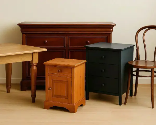 Meubles anciens repeints : commode sombre, table en bois clair, chevet orangé et chaise courbée.