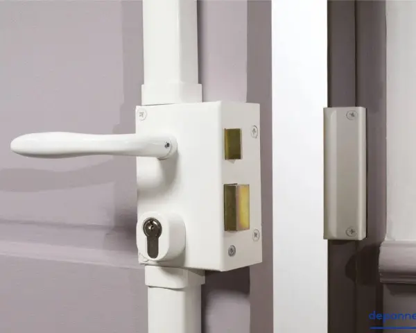 Détail du fonctionnement du barillet de serrure sur une porte blanche. Le mécanisme est visible avec sa poignée et son cylindre.