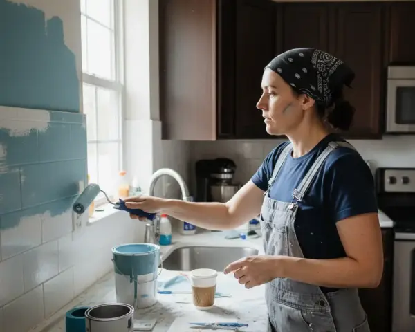 Une femme en salopette repeint sa cuisine avec un rouleau bleu pâle. La transformation de la cuisine repeinte est en cours.
