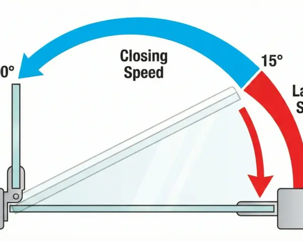 Illustration du réglage ferme porte : vitesse de fermeture (90° à 15°) et vitesse d'enclenchement (15° à 0°).