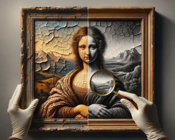 Mona Lisa divisée, moitié en couleur, moitié en noir et blanc, sous une loupe. La craquelure de la peinture révèle une technique de peinture ancienne.