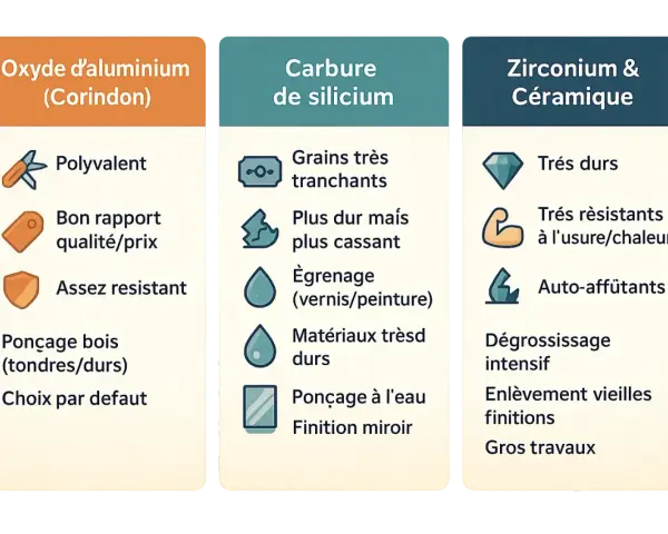 Comparaison des grains abrasifs : oxyde d'aluminium (polyvalent, bon pour ponçage bois), carbure de silicium (tranchant, pour vernis/peinture) et zirconium/céramique (très dur, gros travaux).