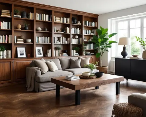 Salon cosy avec bibliothèque en bois, mélange bois clair et bois foncé. Canapé gris, table basse en bois, plantes vertes.