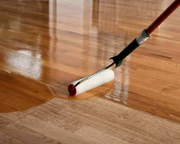 Application d'un vernis ou vitrificateur sur un parquet en bois. Le rouleau dépose une couche brillante et protectrice.