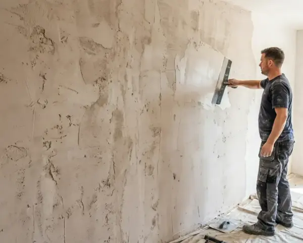 Un ouvrier applique du plâtre sur un mur avec une truelle, prêt à gratter le mur pour une finition lisse.