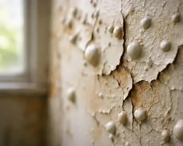 Peinture qui cloque sur un mur extérieur, révélant des bulles et des fissures, signe de dégradation.