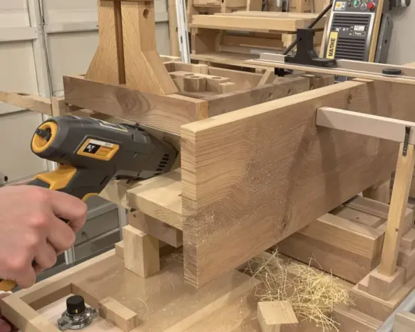 Utilisation d'un appareil pour enlever le saturateur bois sur une pièce de bois massive.