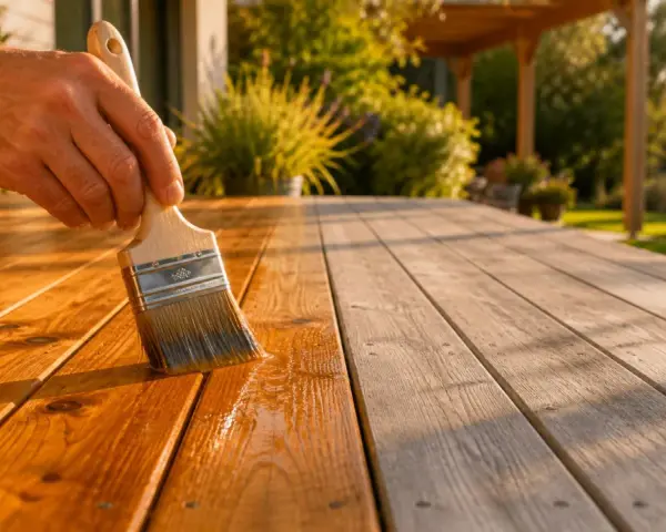 Main d'une personne appliquant un saturateur sur une terrasse en bois. Aide à choisir quel saturateur choisir pour protéger et embellir le bois.