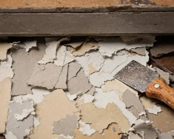 Un grattoir à peinture, avec son manche en bois, est posé sur des morceaux de **peinture qui s'enlève facilement**, révélant le support en dessous.