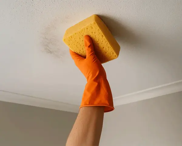Main tenant nettoie la peinture acrylique au plafond avec une éponge.