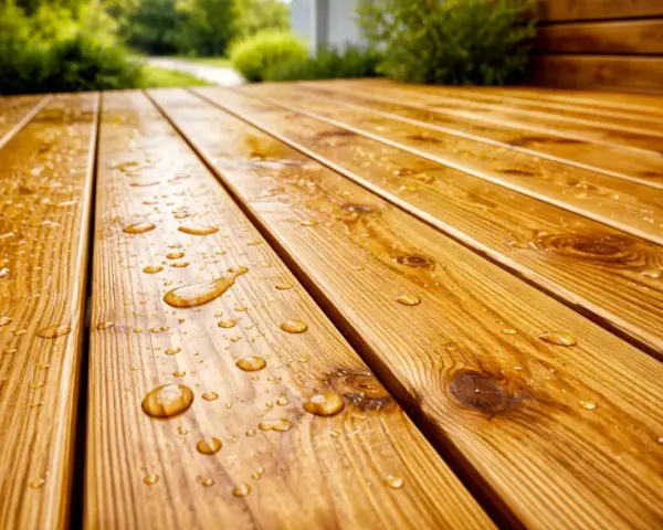 Gouttes d'eau sur une terrasse en bois, preuve de l'efficacité du traitement autoclave bois.