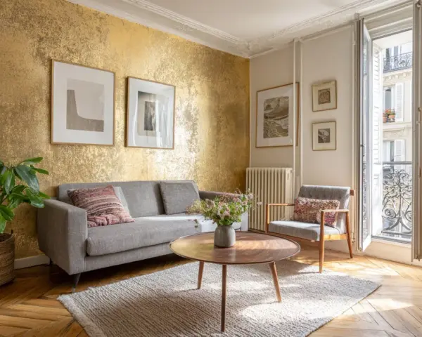 Un salon élégant avec un mur texturé doré, un canapé gris, un fauteuil, une table basse et des tableaux. Une idée pour comment faire du doré avec de la peinture.