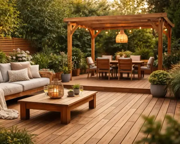 Terrasse en bois massif qualité, salon d'extérieur confortable sous pergola, table à manger et éclairage d'ambiance.