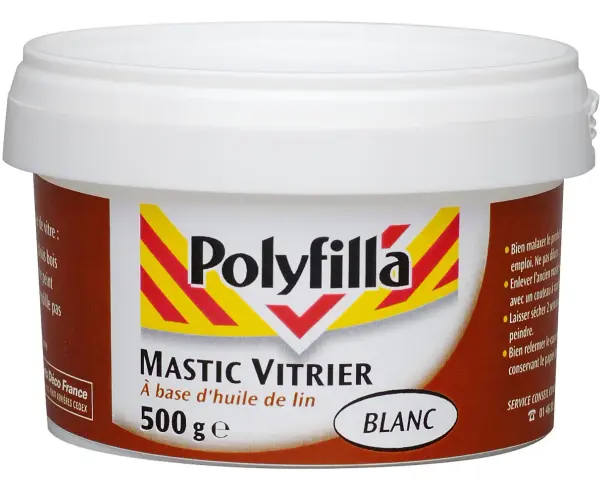 Pot de mastic vitrier Polyfilla blanc 500g, idéal pour accélérer le séchage de vos travaux de vitrerie.