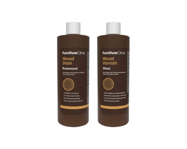 Deux flacons de produits pour bois FurnitureClinic, l'un de teinture "Rosewood" et l'autre de vernis "Gloss", dans une teinte profonde couleur bois de rose foncé.