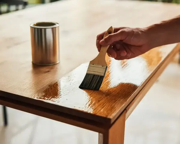 Main d'un artisan appliquant du vernis pour customiser et relooker une table en bois.