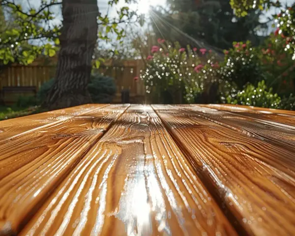 Table en bois fraîchement traitée avec un gel protection bois ou lasure, reflétant le soleil dans un jardin verdoyant.