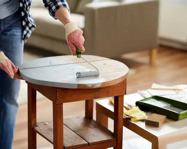 Application d'une sous-couche grise sur une table en bois. Le résultat avant/après du decapant bois est visible.