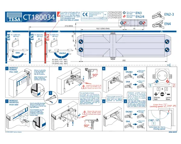 Instructions pour le montage inversé d'un ferme-porte TESA CT180034. Guide visuel des différentes étapes et réglages.