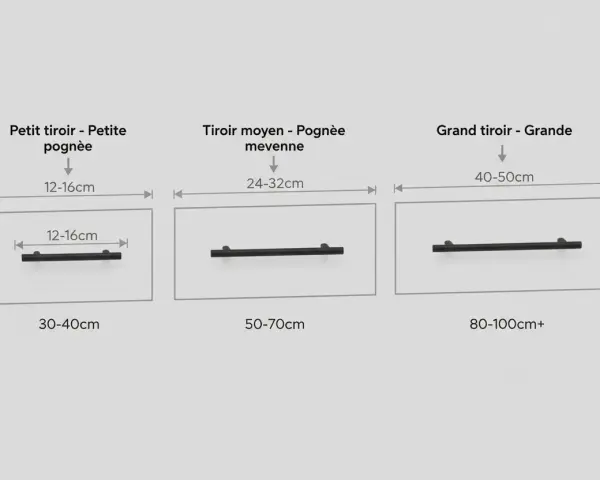 Comparaison de trois types de poignées de porte d'entrée : petite, moyenne et grande, avec leurs dimensions.