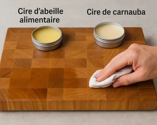 Application de cire d'abeille ou de carnauba sur une planche à découper en bois pour la protéger et la faire briller.