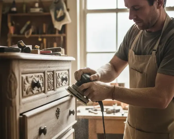 Artisan ponce un meuble ancien, le laissant brut pour révéler sa beauté naturelle. La poussière de bois vole autour de lui.