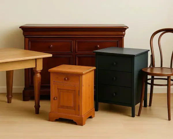 Meuble en bois, une commode sombre, une petite armoire bois miel et une chaise courbée. Idéal pour une rénovation.