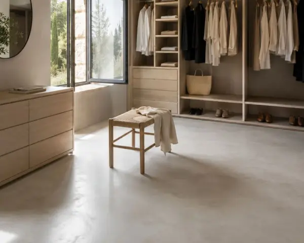 Un dressing lumineux avec un meuble en béton ciré, des vêtements suspendus et un banc en bois.