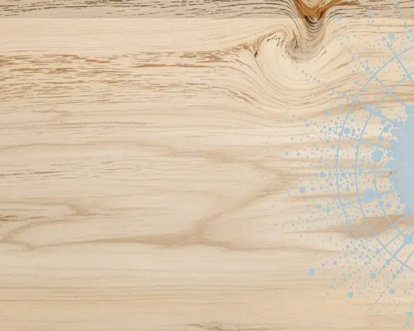 Nuancier saturateur bois : un fond de bois clair avec des motifs abstraits bleus rappelant des éclaboussures et des cercles.