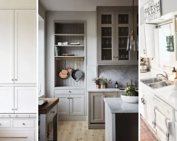 Idées pour relooker porte placard cuisine : cuisines claires avec rangements ouverts et fermés, vaisselle et accessoires décoratifs.