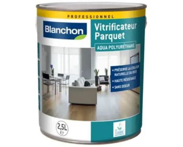 Boîte de vitrificateur parquet Blanchon Aqua Polyuréthane. Idéal pour 2 ou 3 couches de protection durable et sans odeur.