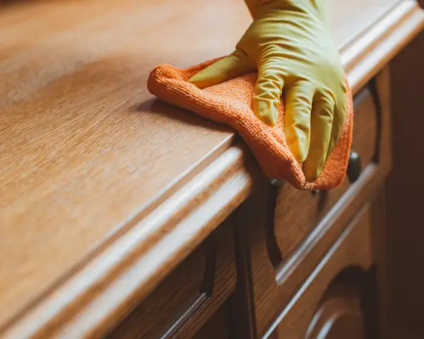 Main d'une personne portant un gant jaune, essuyant un meuble en bois avec un chiffon orange. La qualité du bois est mise en valeur par la lumière.