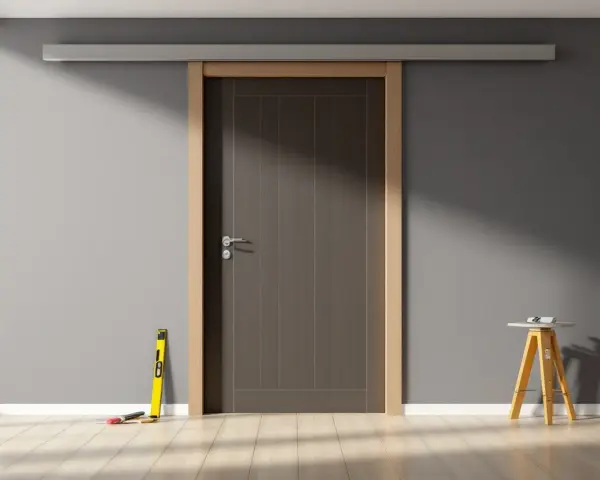 Installation d'une porte coulissante. La dimension ouverture pour porte coulissante de 73 est prête. Outils de mesure à proximité.