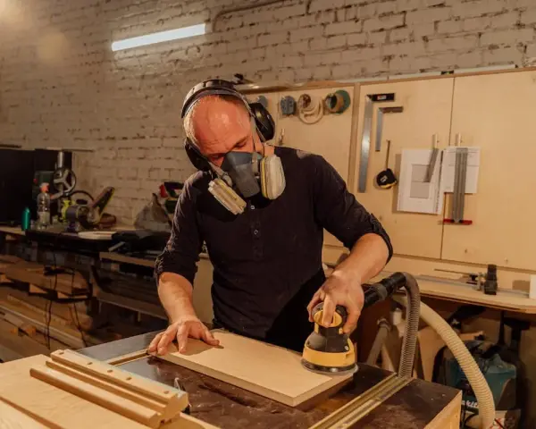 Un artisan apprend comment utiliser une ponceuse pour lisser une planche de bois. Il porte un masque et des écouteurs pour sa sécurité.