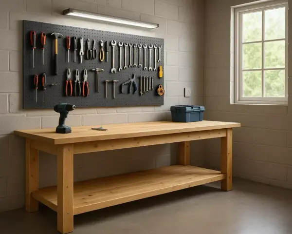 Un établi de garage en bois, prêt pour vos projets. La dimension parfaite pour organiser vos outils sur le panneau perforé.