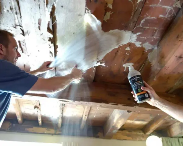 Un homme utilise un produit pour nettoyer des poutres en bois, retirant une vieille couche de revêtement.