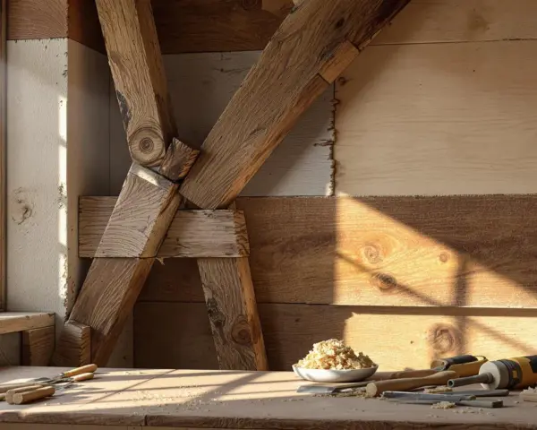 Atelier de menuiserie, outils et copeaux de bois sur un établi, près d'une fenêtre baignée de soleil. Le traitement des poutres anciennes est visible en arrière-plan.